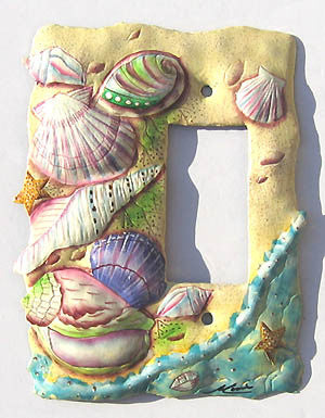 Rocker Style Light Switch Cover - Shell Design - Hand Painted Metal - 1 Hole Rocker Switchplate