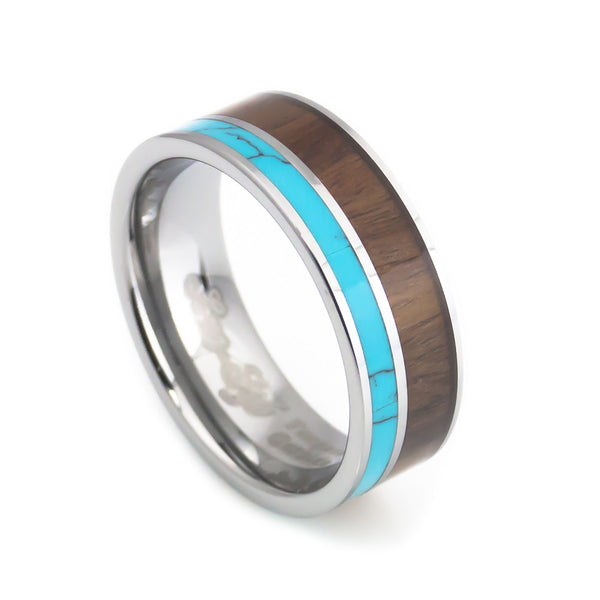 Turquoise Koa Wood Inlay Tungsten Wedding Band Tungsten