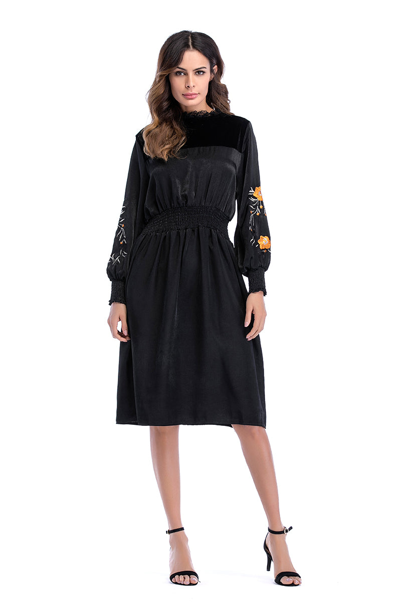 Black Velvet Embroidery Detail Long Sleeve Dress