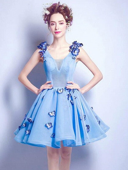 Blue V-neck 3D Butterfly Embellished Lace Up Back Mesh Skater Party Dress