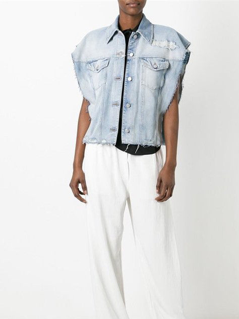 Blue Lightwash Raw Hem Denim Jacket