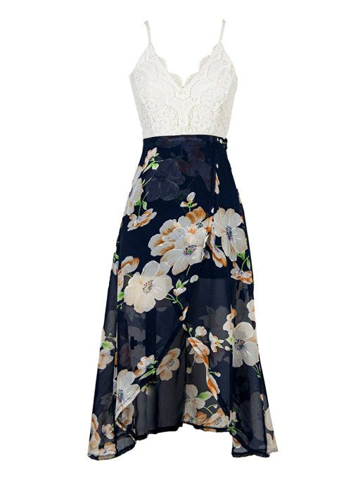 White V-neck Lace Overlay Open Back Floral Split Maxi Dress