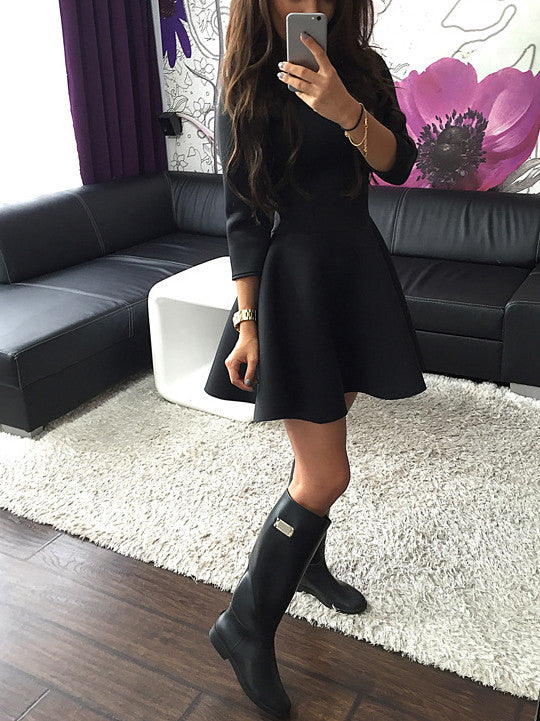 Black Round Neck Half Sleeve Scuba Skater Dress