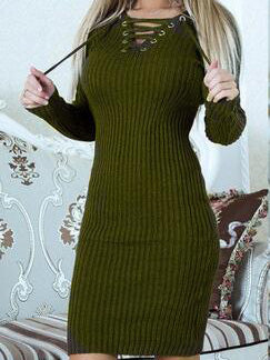 Green Lace Up Front Long Sleeve Ribbed Bodycon Dress