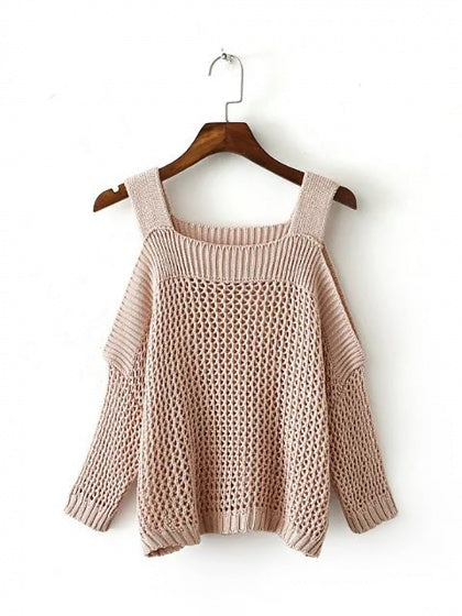 Nude Cold Shoulder Pointelle Stitch Knit Sweater