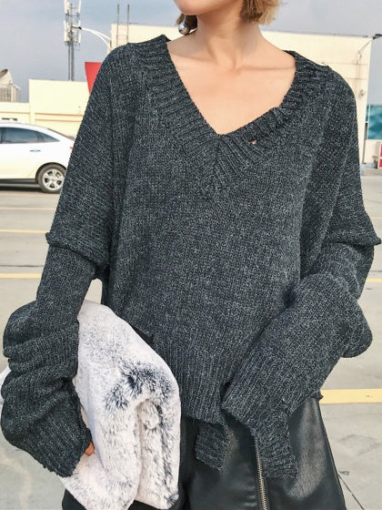 Dark Gray V-neck Ripped Drop Shoulder Oversize Knit Sweater