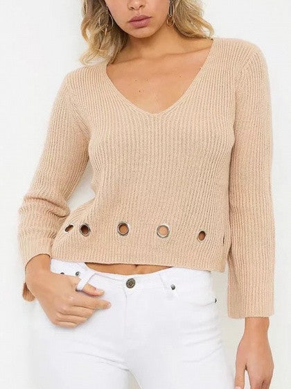 Khaki V-neck Eyelet Detail Long Sleeve Cropped Knit Jumper