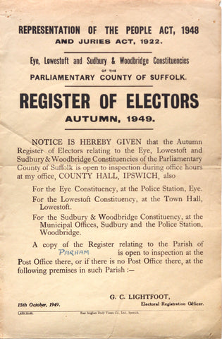 Election Notice, Parham, Suffolk, 1949