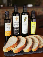 peach balsamic, traditional balsamic, terra verde extra virgin olive oil, lemon infused olive oil