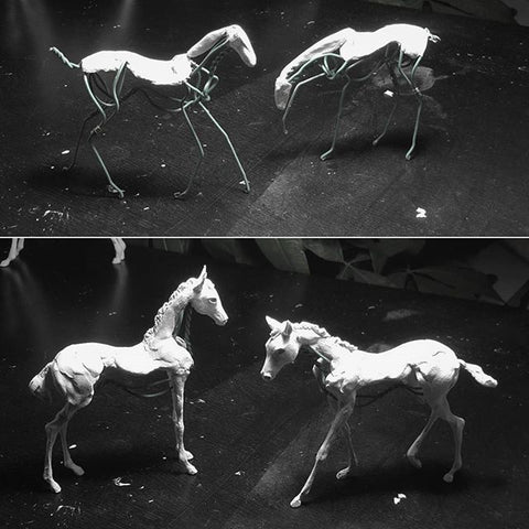 Clay and wire horse sculptures