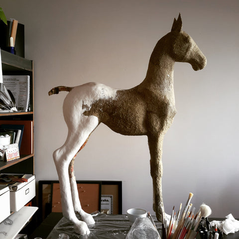 Paper mache foal sculpture covered in air dry clay