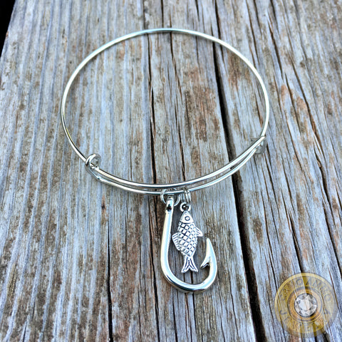 Fish and Hook Charm Bangle Bracelet