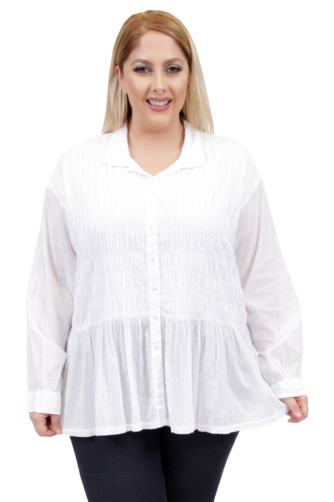 La Cera Plus Size White Puckered Button-up Top - La Cera