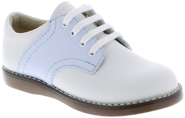 blue and white saddle shoes