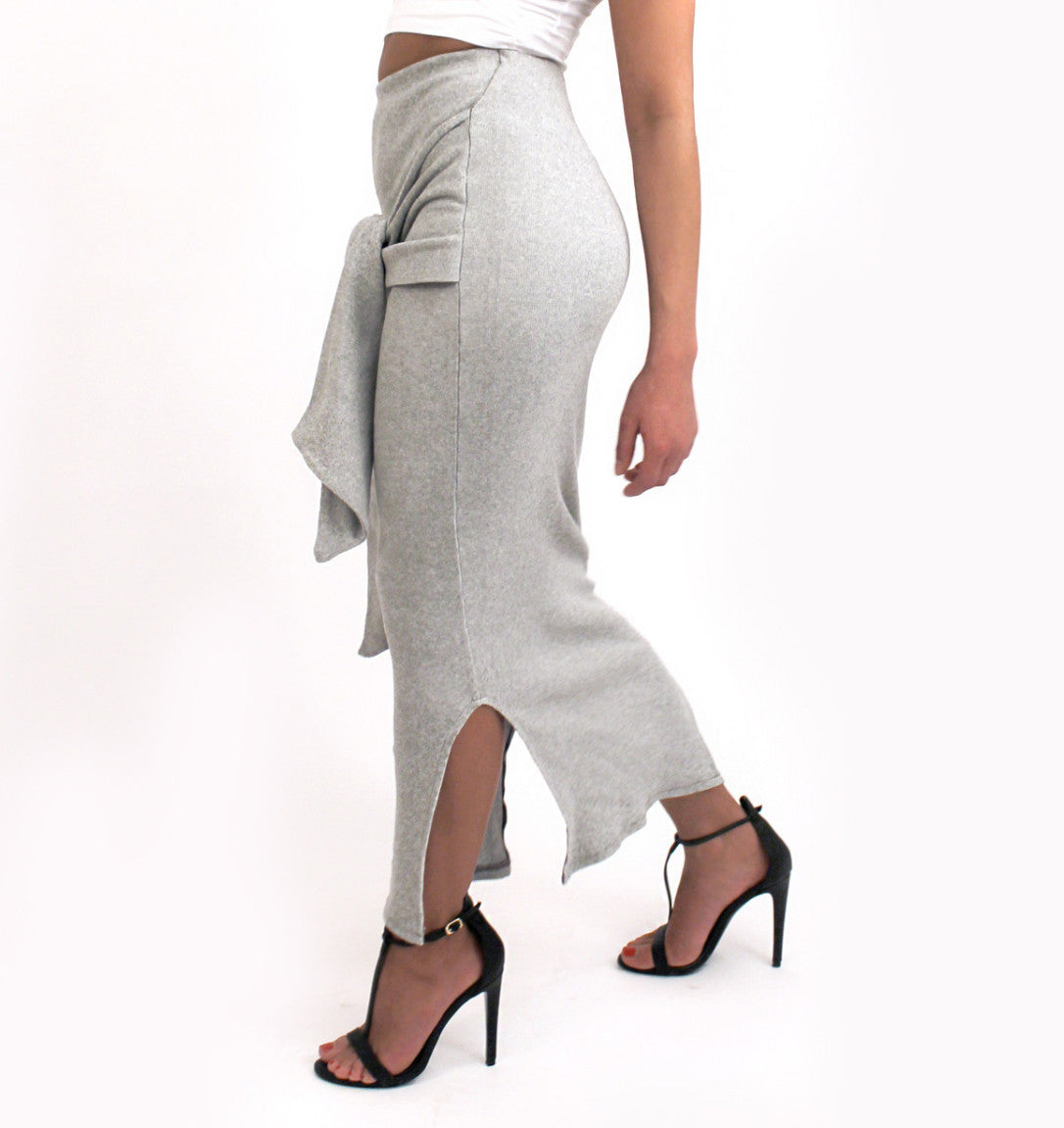 KARTER Tie Midi Skirt in Light Grey