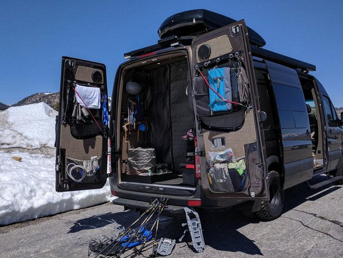 rb components custom campervan with ski gear