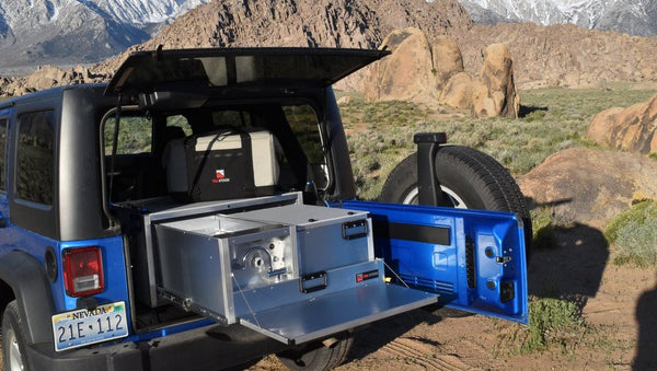 jeep kitchen with built-in water system for camping and overlanding