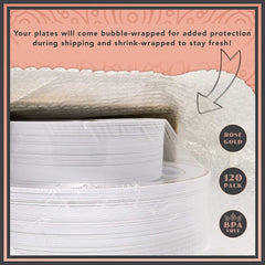 120pcs Eco-Friendly and Extra Strong Rose Gold Plates. Rose Gold Plastic Plates for Baby Showers, Birthdays and Weddings. No Cleanup with Rose Gold Disposable Plates. Re-Usable Rose Gold Party Plates