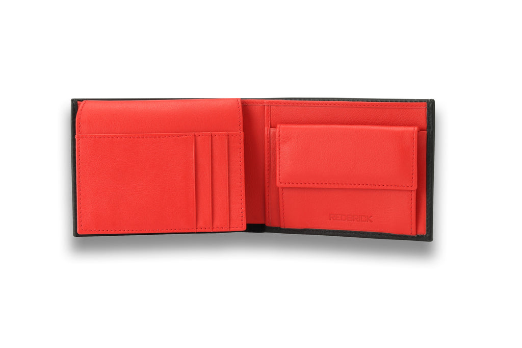 Personalised Engraved Black & Red Bifold Leather Wallet