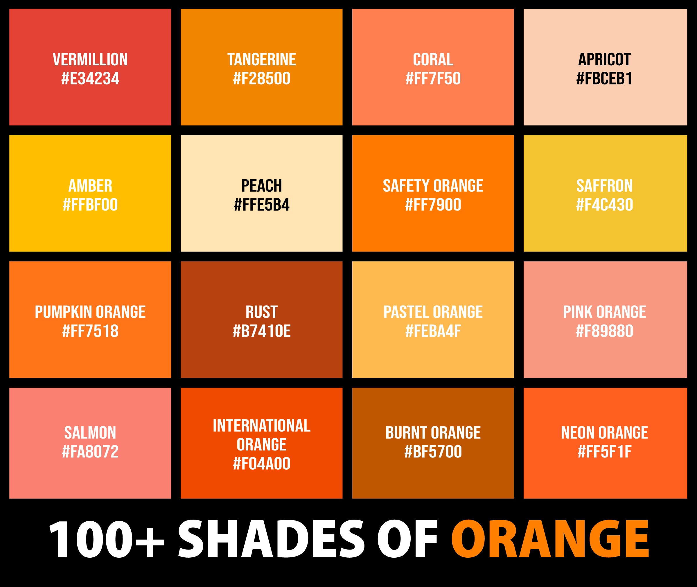 100 Shades Of Orange Color Names Hex Rgb And Cmyk Codes