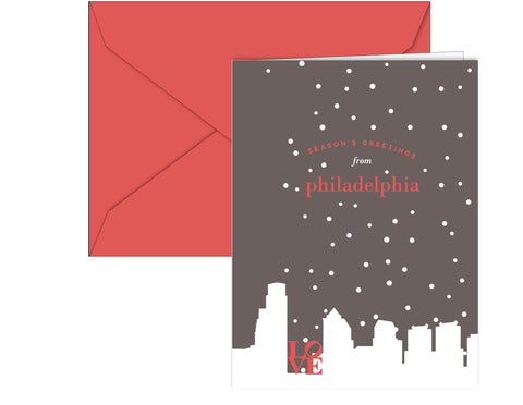 Philly skyline holiday cards with LOVE statue designed by Paper on Pine. Inside greeting: Wishing you all the warmth of the season. 10 per box.