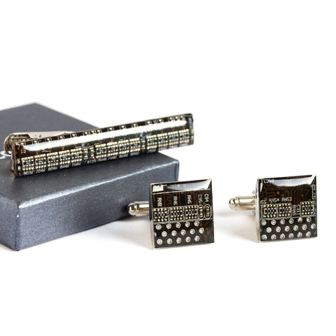Set of Circuit Board Cufflinks and Tie Clip