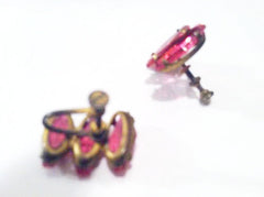 STERLING marked ROSE Pink Coffin Rare Rhinestone Six sided Glass Stones screwbac