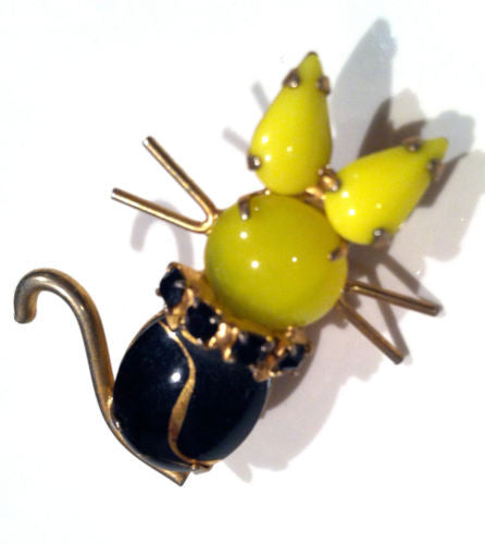 VERMEIL Gold Figural Pin Cat Yellow Thermoset Black Crystal Rhinestone Cabochon