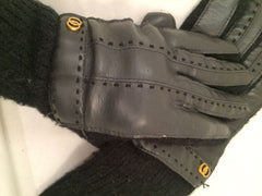 Navy Black Cozy Knit Faux Leather Gloves Authentic Vintage Ladies Winter Warm