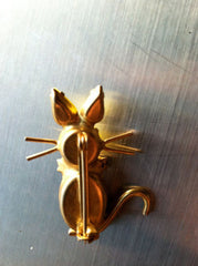 VERMEIL Gold Figural Pin Cat Yellow Thermoset Black Crystal Rhinestone Cabochon