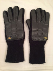 Navy Black Cozy Knit Faux Leather Gloves Authentic Vintage Ladies Winter Warm