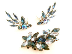 Stunning BLUE Bride Tasteful Luxury Large Dimensional Brooch Floral AB Crystals