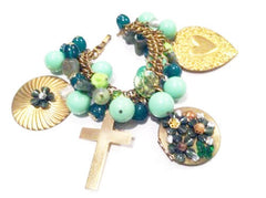 Vintage Assemblage Oversized CHARMs Cross Locket Bracelet Chain Bangle CHUNKY