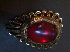 SIAM Color Red Ruby Translucent Cabochon Medieval Style Antiqued Golden Filigree
