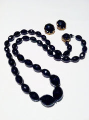 Jet Black Crystal SET Necklace and Clip on Earrings Authentic Vintage Jewelry
