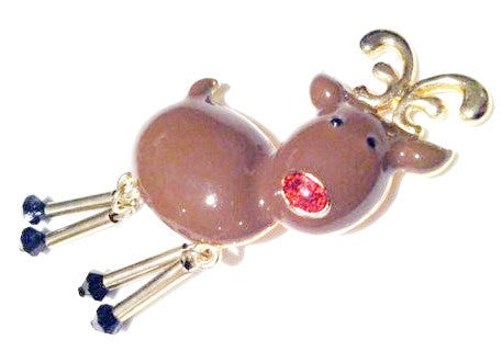 HASKELL Marked Brown Reindeer Figural Animal Pin Red Whimsical Holidays Brooch