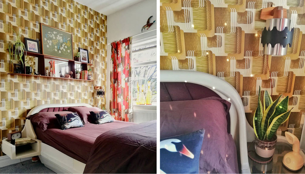 House Tour: Estelle’s 70’s-tastic Home - bedroom with space age bed and vintage wallpaper