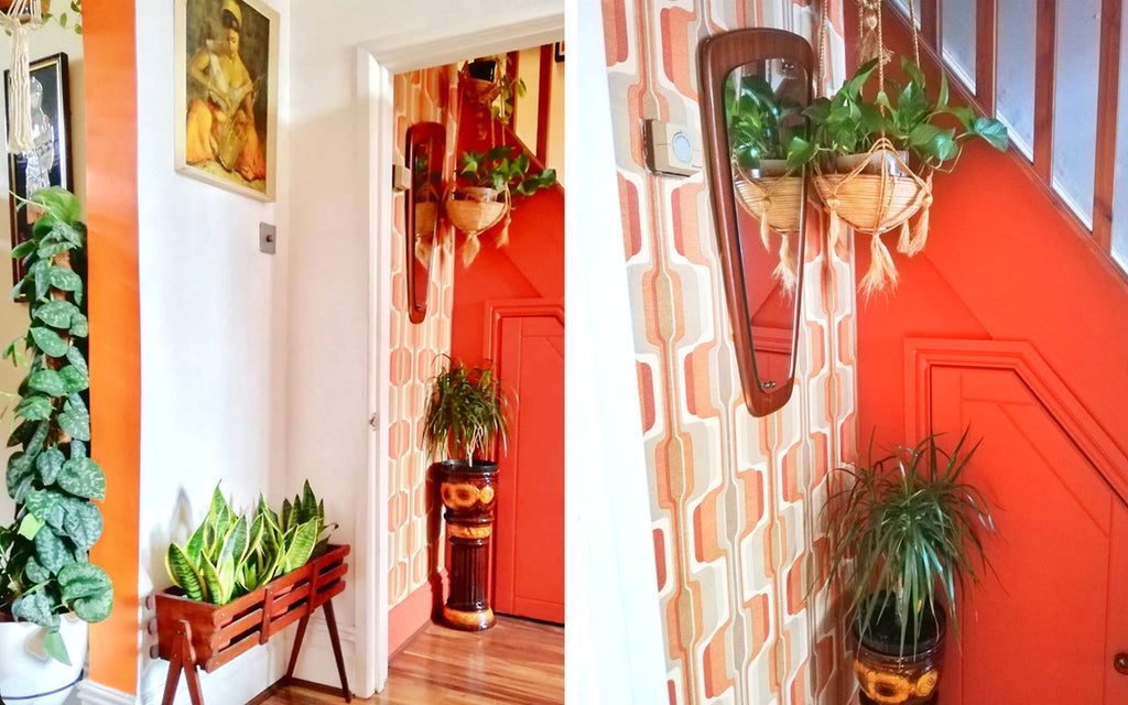 House Tour: Estelle’s 70’s-tastic Home - hallway with vintage wallpaper