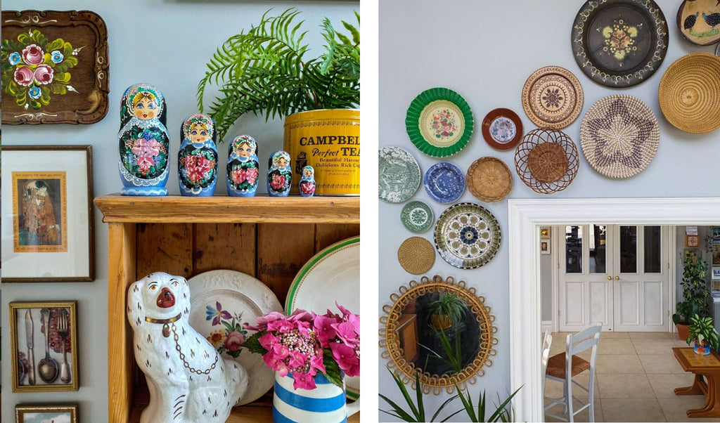 Inkabilly Blog House Tour: Aisling’s Eclectic Shack - details of wall decor, russian dolls, vintage ceramics and picturess