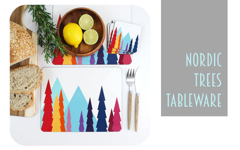 New Nordic Trees Design for Placemats and Coasters by Inkabilly