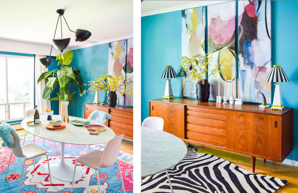 House Tour: Ariel’s bold retro home - dining room with teak sideboard.Photo credit PMQforTWO