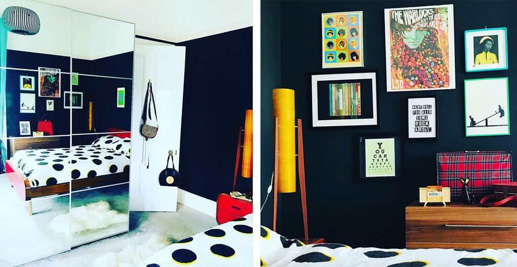 House Tour: Ali’s Retro Pop Home - Bedroom with rocket lamps