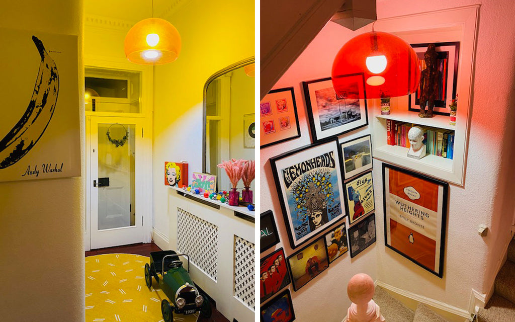 House Tour: Ali’s Retro Pop Home - stairwell with Kartell Fly lampshades 