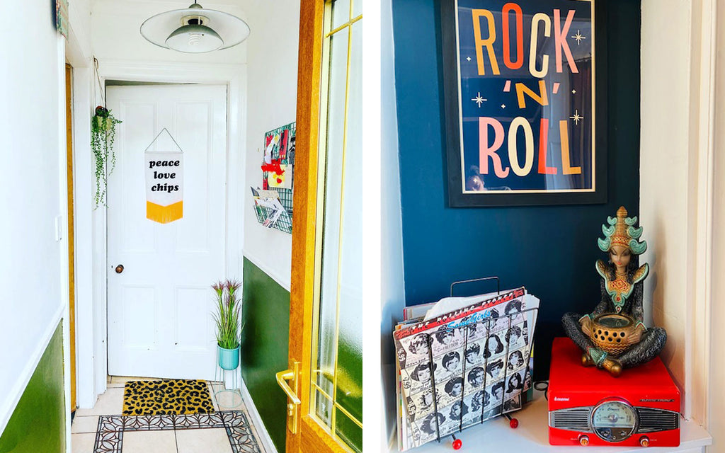 House Tour: Ali’s Retro Pop Home - hallway and lounge corner detail, with funny graphic art