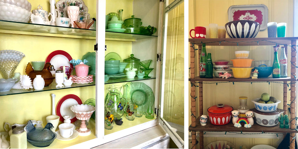House Tour - Harmony's vintage shelfies with kitcheware, glass, pyrex and enamel