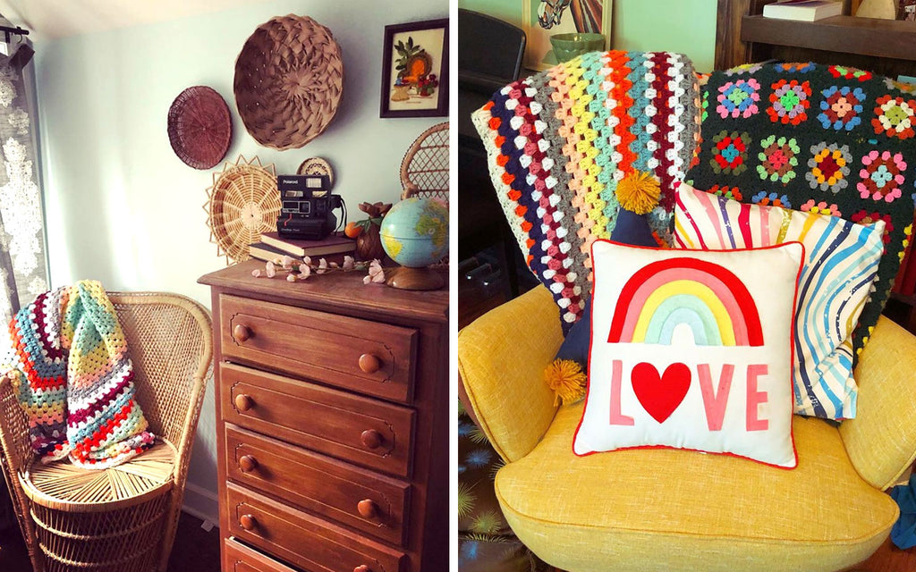 House Tour - Harmony's chair with vintage crochet throws and corner detail with vintage knick knacks