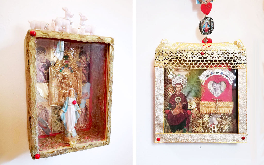 Hazel's handmade Kitsch Hallway shrines - Inkabilly Blog House Tour