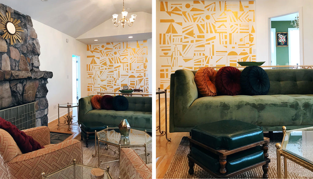 House Tour: Joel’s Hollywood Regency Mountain Hideaway, lounge with gold geometric mural. Photo credit - Cat Collier-Martinez