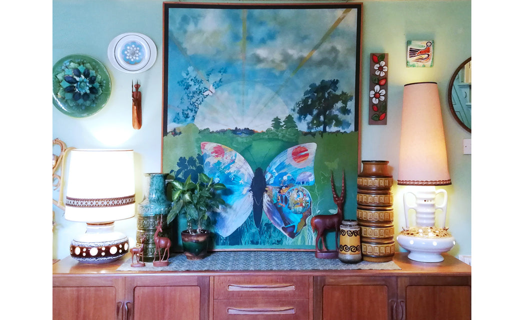 Polly's House Dining Room Sideboard with Fat Lava lamps and vintage painting