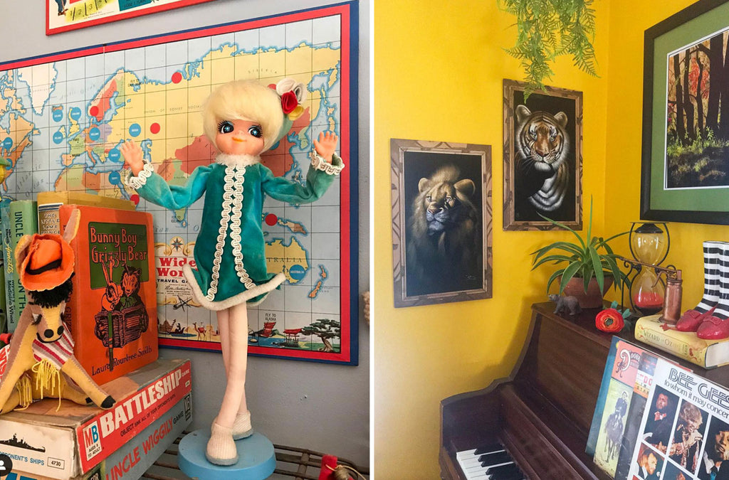 House Tour: Ryann’s favourite vintage doll and corner detail with piano and kitsch pictures